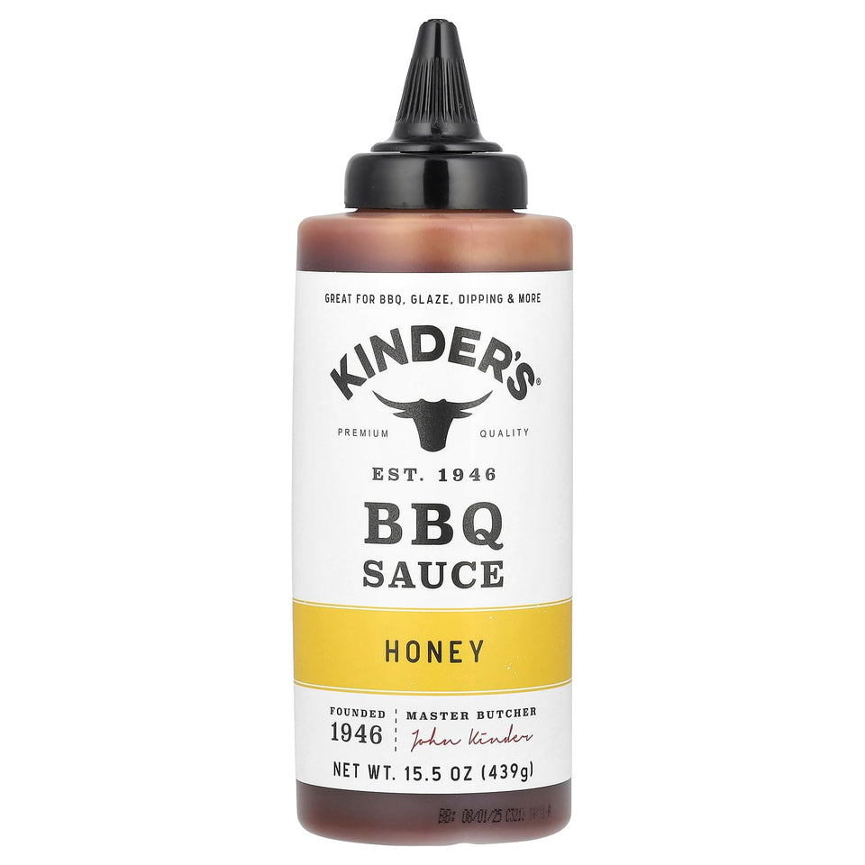 KINDER'S BBQ Honey SQZ bottle with a glossy glaze ready for grilling.