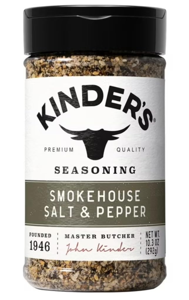 Kinder's Smokehouse Salt & Pepper bottle ready for seasoning grilled meats