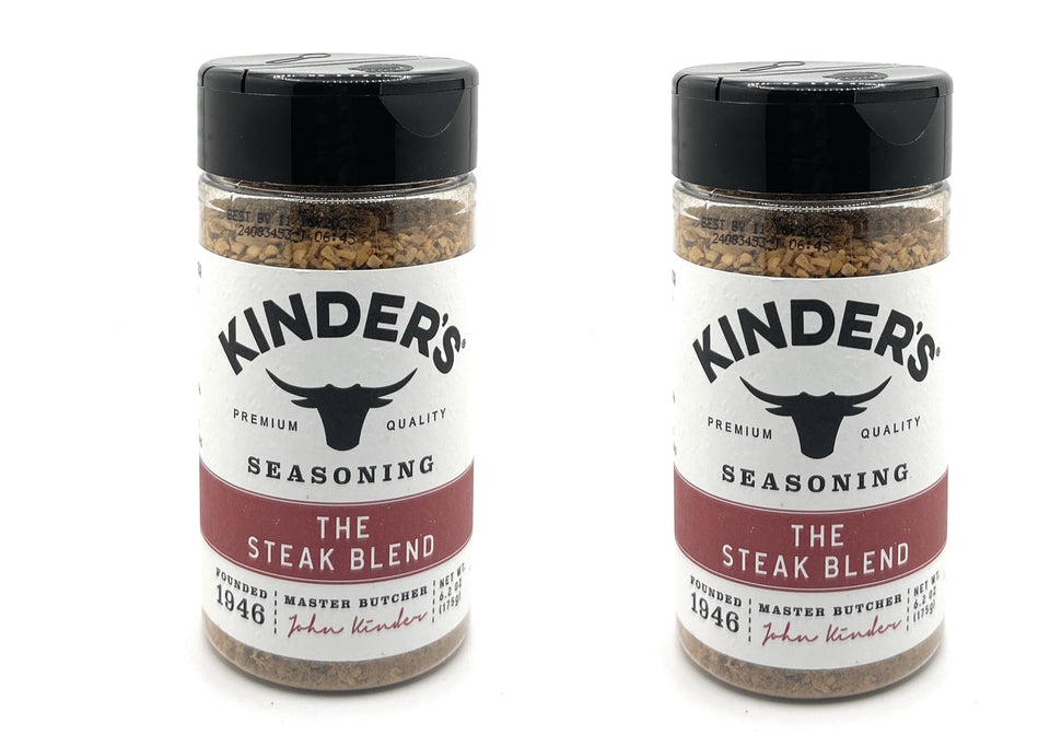 Kinders Steak Blend bottles side by side, ready to season juicy steaks.