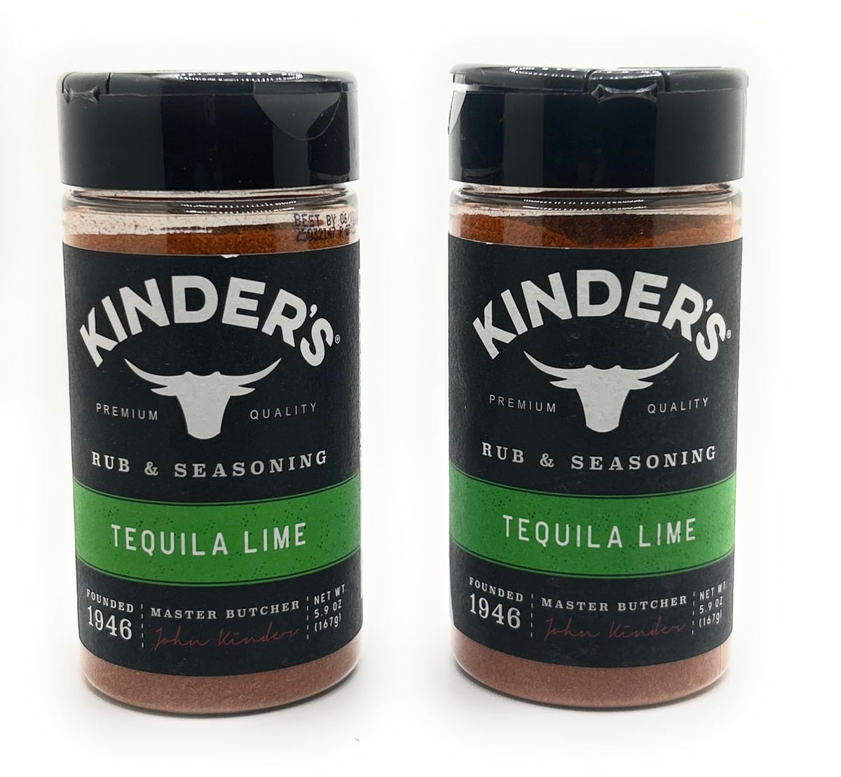 Kinder's Tequila Lime seasoning bottles front view; great for grilling and marinades.