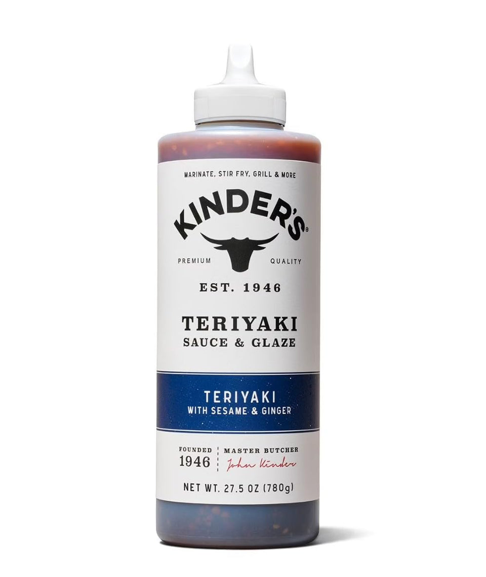 KINDER'S Teriyaki Sauce bottle pouring for marinades and glazes