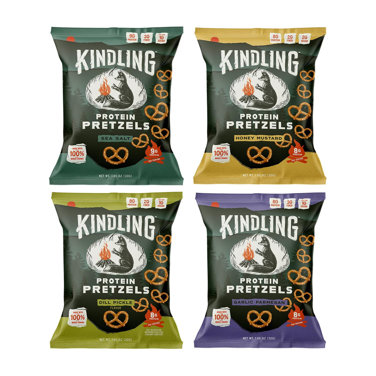 Kindling Protein Pretzels bag open – crunchy whole grains in view