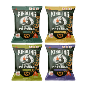 Kindling Protein Pretzels bag open – crunchy whole grains in view