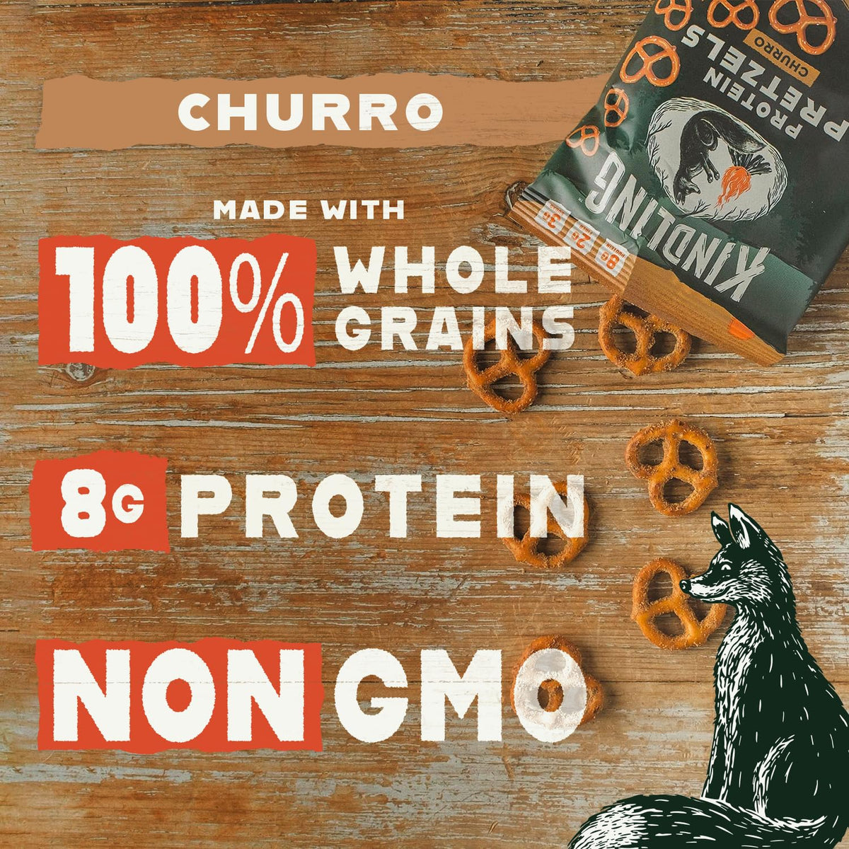 Kindling Protein Pretzels Churro close-up reveals crispy pretzels and bold flavor.