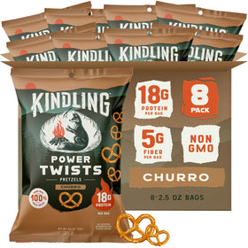 Kindling Protein Pretzels Churro bag for on-the-go snacking with 20g protein.