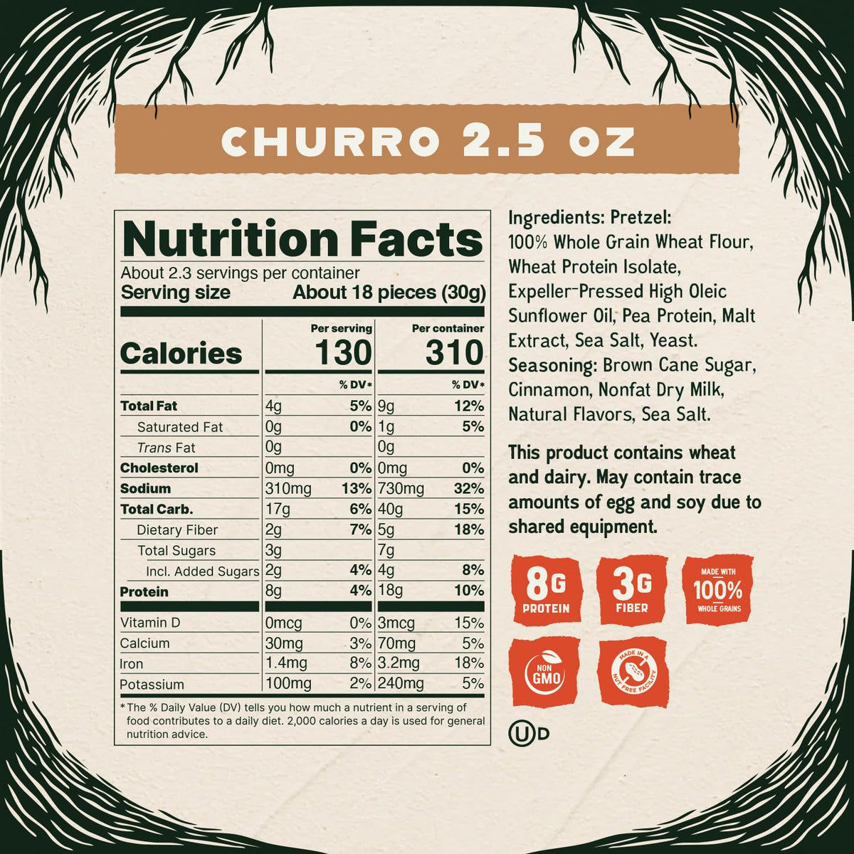 Kindling Protein Pretzels Churro bag highlighting 20g protein per serving.