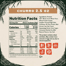 Kindling Protein Pretzels Churro bag highlighting 20g protein per serving.