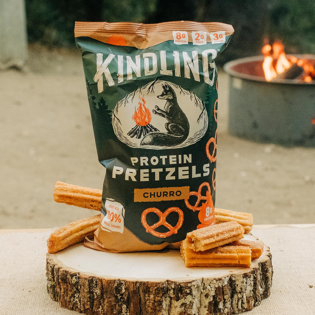 Kindling Protein Pretzels Churro ingredient panel highlights whole grains and no artificial flavors.