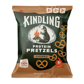 Kindling Protein Pretzels Churro label emphasizes kosher and soy-free qualities for inclusive diets.