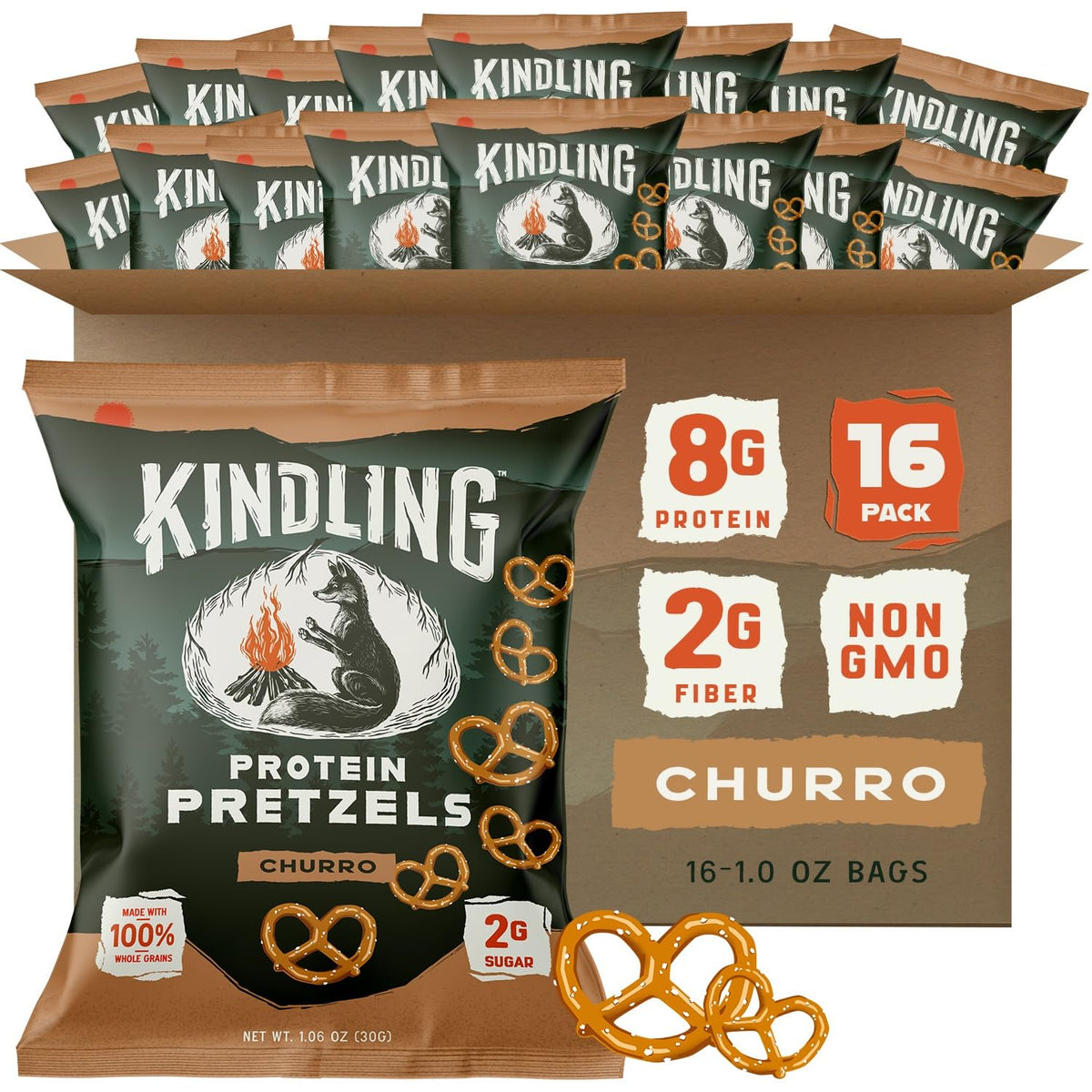 Kindling Protein Pretzels Churro packaging front shows protein-packed snack for on-the-go fueling.