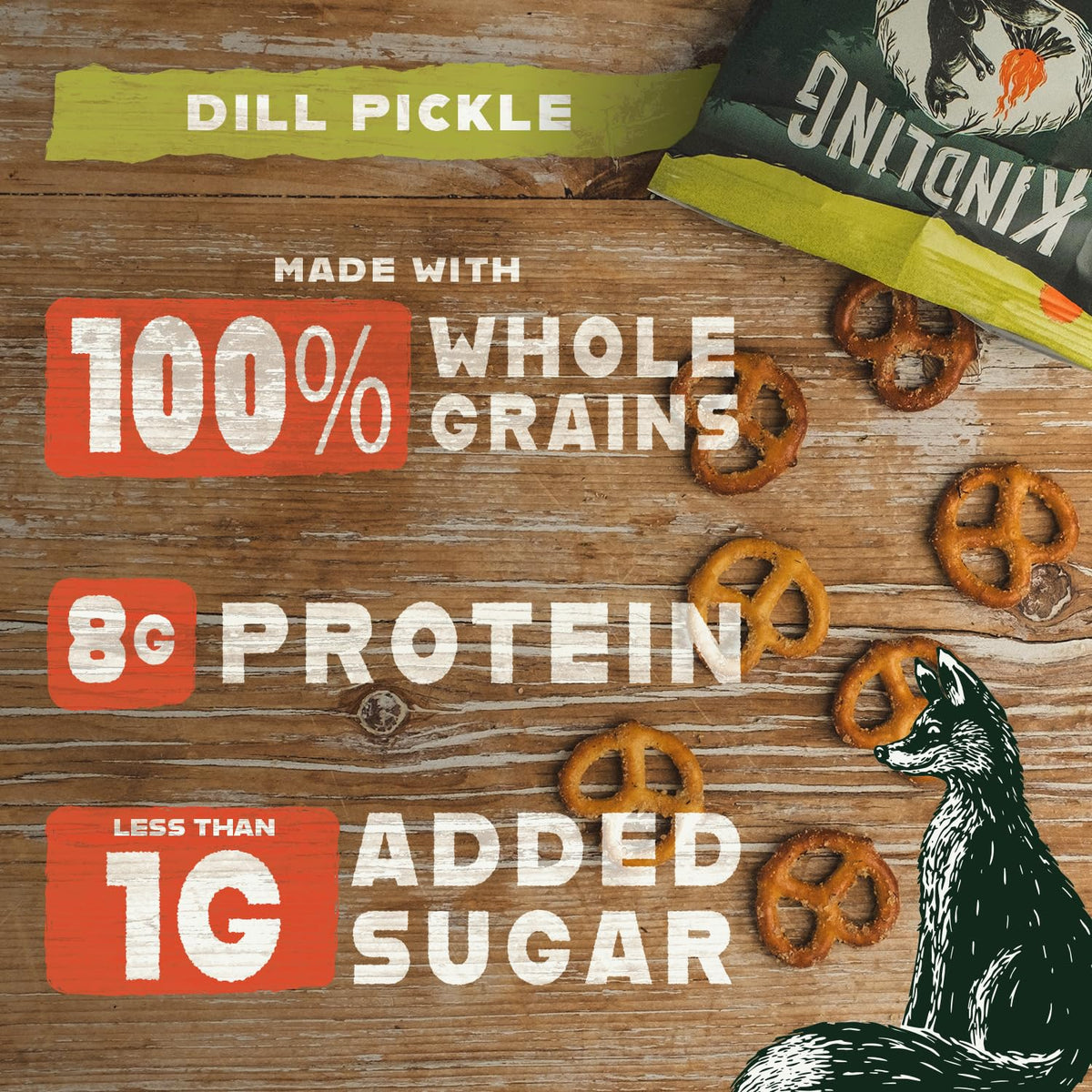 Kindling Protein Pretzels Dill-Pickle bag close-up highlights bold flavor with clean ingredients.