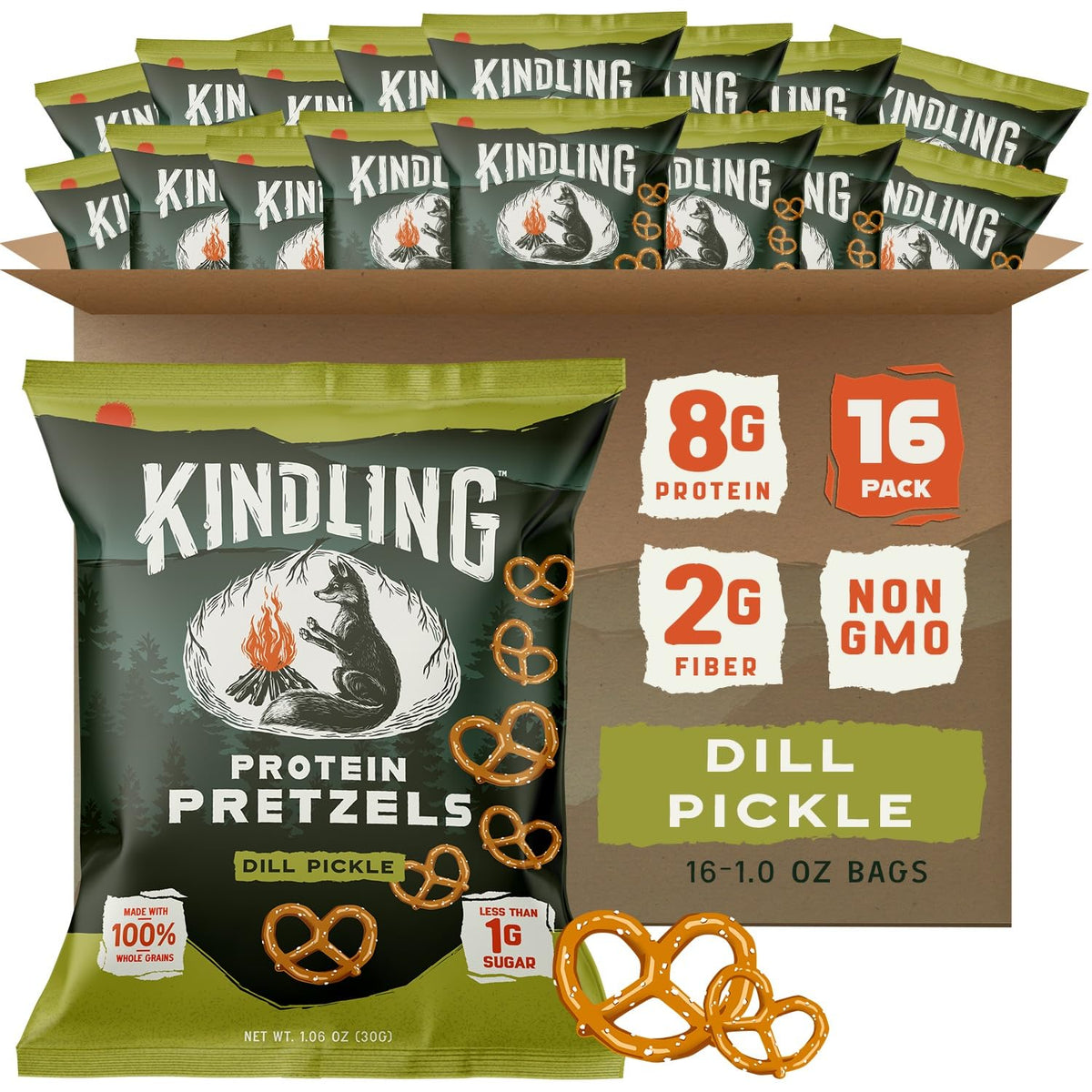 Kindling Protein Pretzels Dill-Pickle bag front shows protein-packed crunch for active on-the-go snacking.
