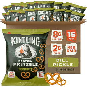 Kindling Protein Pretzels Dill-Pickle bag front shows protein-packed crunch for active on-the-go snacking.