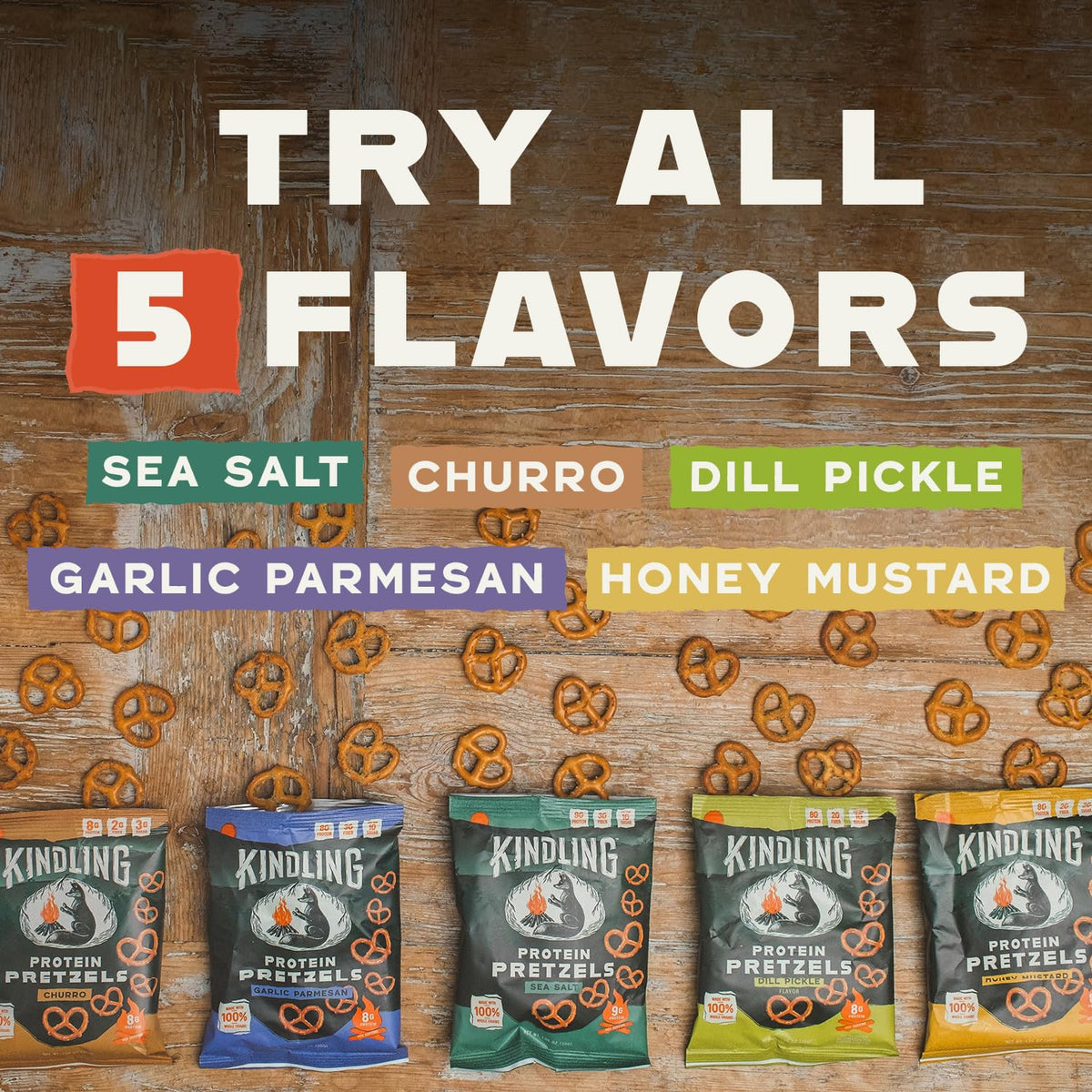 Kindling Protein Pretzels Dill-Pickle bag side view highlights baked whole-grain texture.