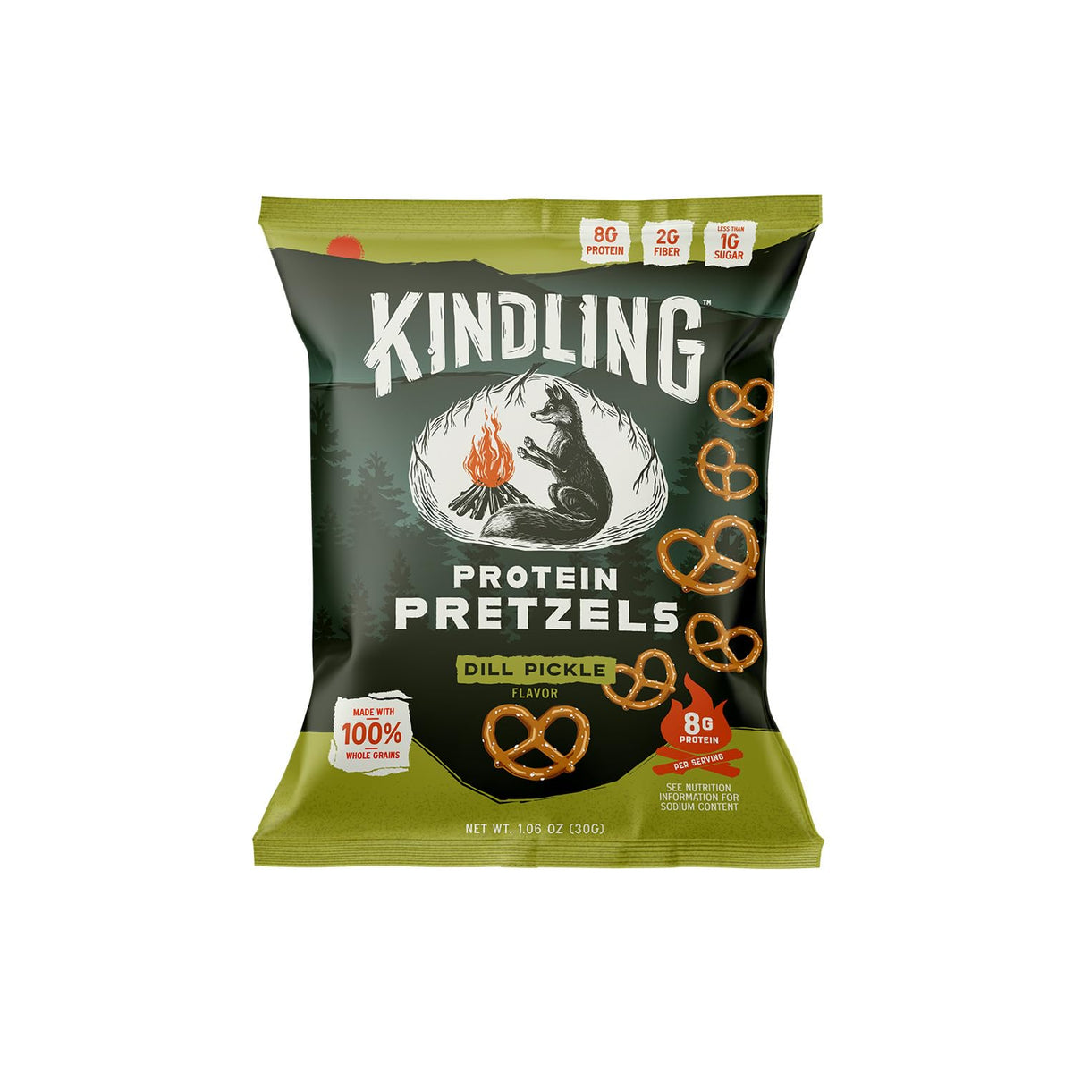 Kindling Protein Pretzels Dill-Pickle bulk packaging communicates 16-count value.
