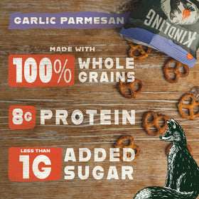 Kindling Protein Pretzels Garlic-Parmesan bag closeup highlights bold flavor and crunch