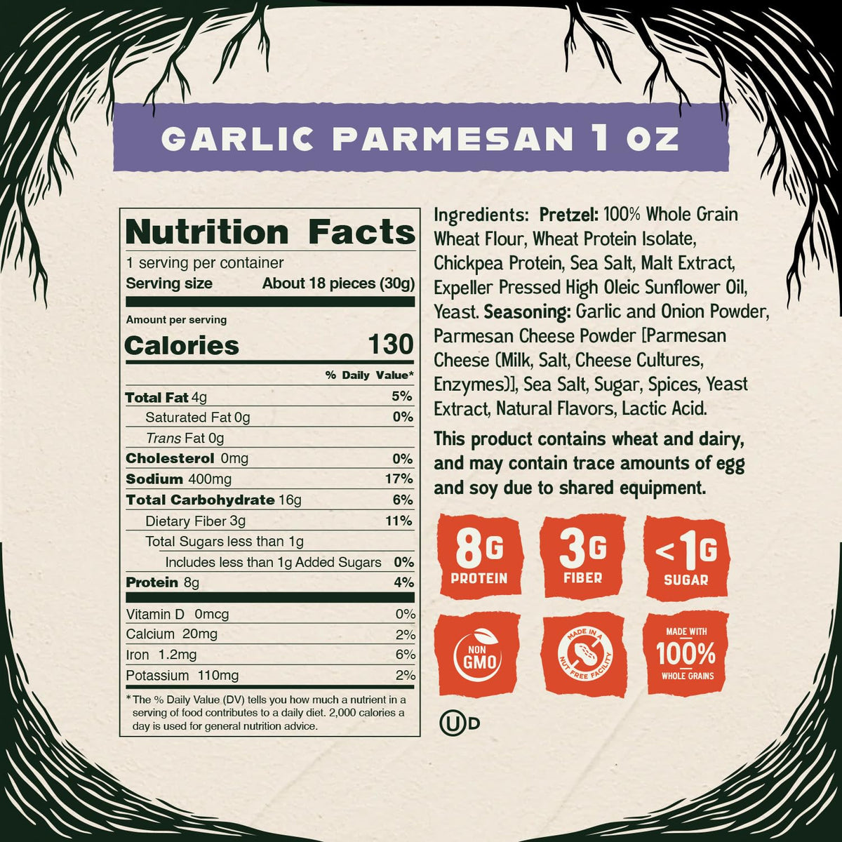 Kindling Protein Pretzels Garlic-Parmesan ingredients emphasize whole grains for steady energy