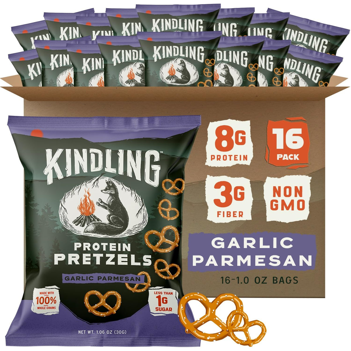 Kindling Protein Pretzels Garlic-Parmesan pack shot shows a protein-packed snack on the go