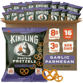 Kindling Protein Pretzels Garlic-Parmesan pack shot shows a protein-packed snack on the go