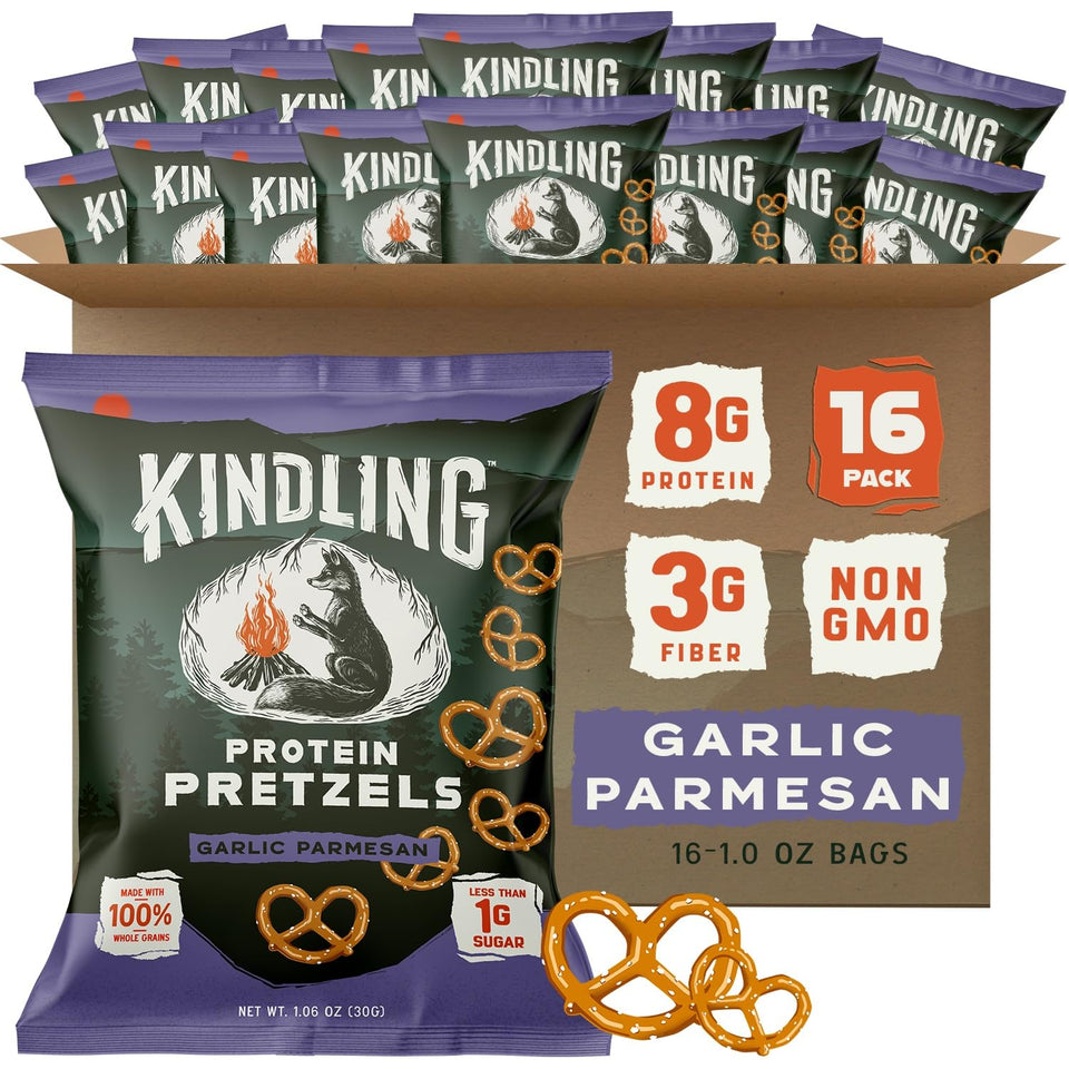Kindling Protein Pretzels Garlic-Parmesan pack shot shows a protein-packed snack on the go
