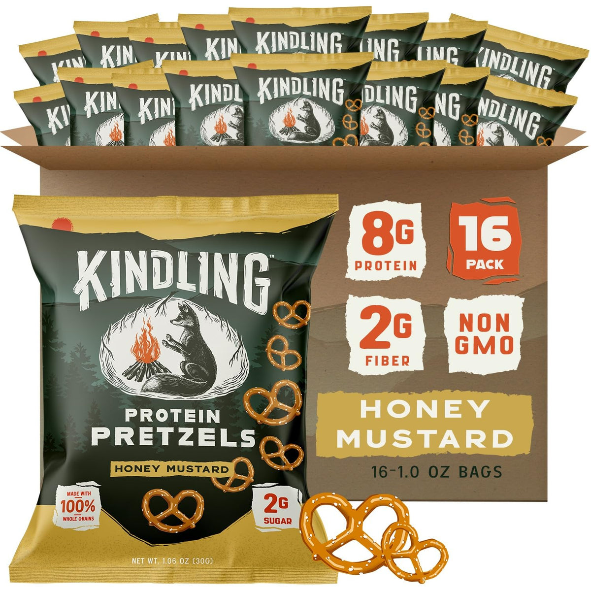 Kindling Protein Pretzels Honey Mustard pack close-up, protein-rich snack