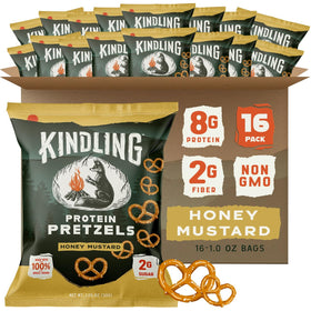 Kindling Protein Pretzels Honey Mustard pack close-up, protein-rich snack