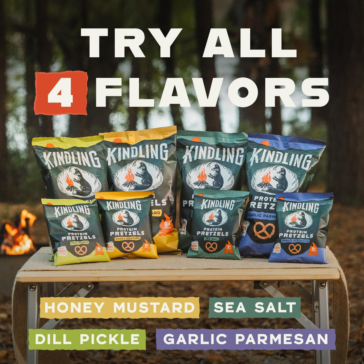 Kindling Protein Pretzels showcase a kosher and soy-free seal on packaging.