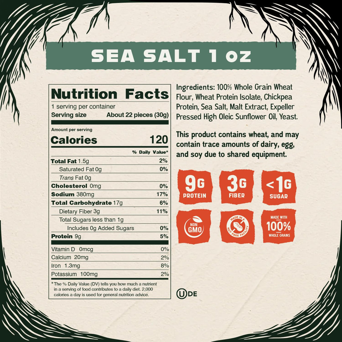Kindling Protein Pretzels Sea Salt bag close-up: crunchy whole grains deliver satisfying texture