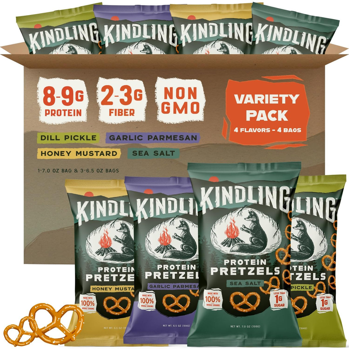 Kindling Protein Pretzels Sea Salt bag for a protein-packed on-the-go snack