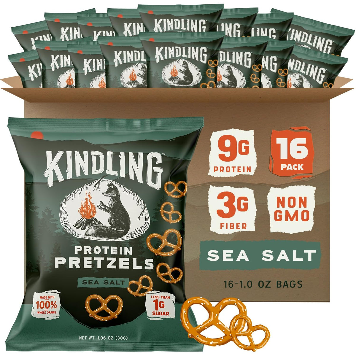 Kindling Protein Pretzels Sea Salt pack front: protein-rich snack for busy days