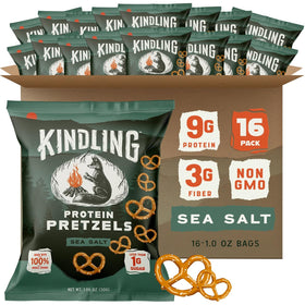 Kindling Protein Pretzels Sea Salt pack front: protein-rich snack for busy days