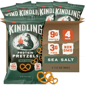 Kindling Protein Pretzels sea salt packaging serves as a grab-and-go protein snack.