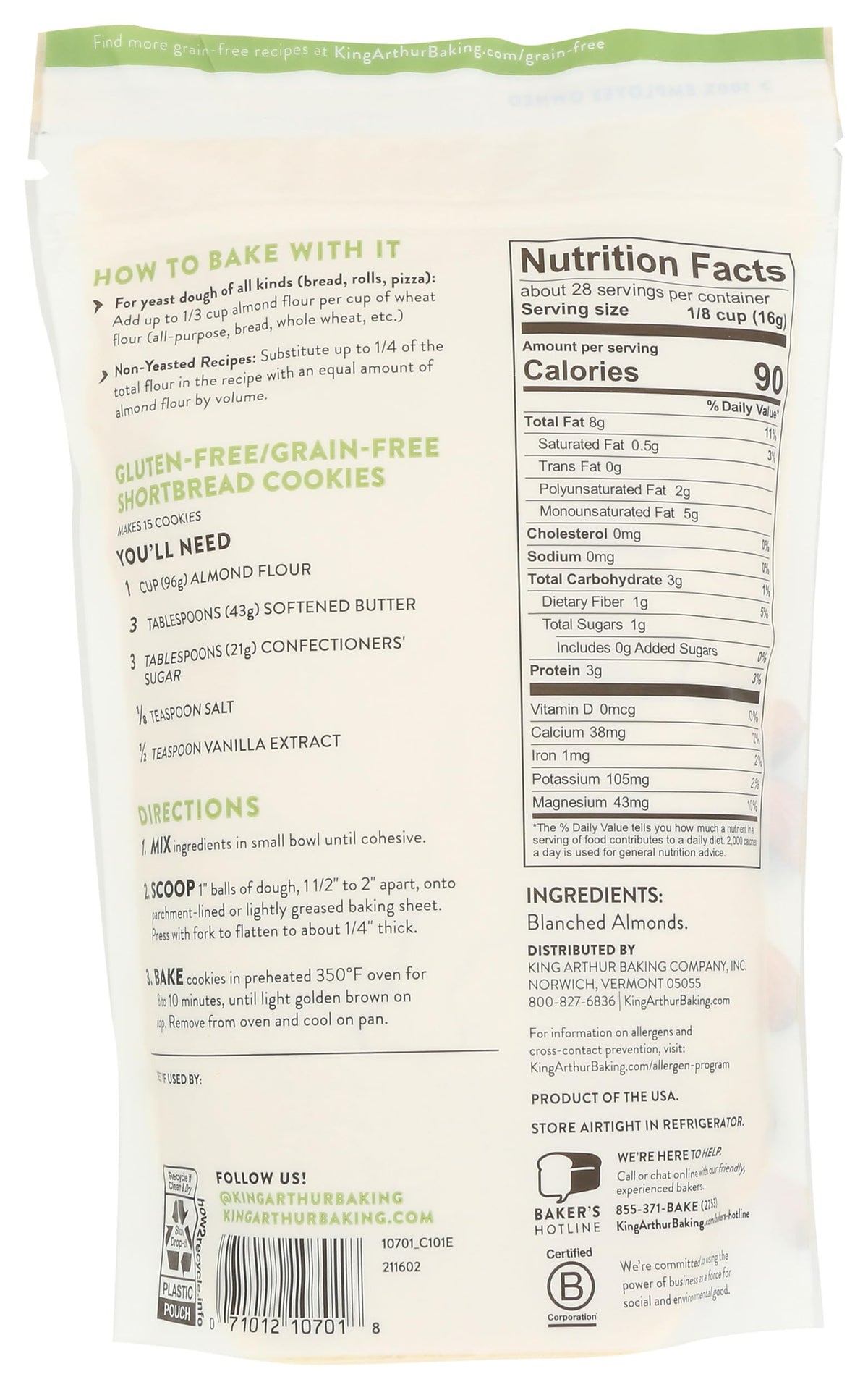 King Arthur Almond Flour label close-up highlighting gluten-free certification