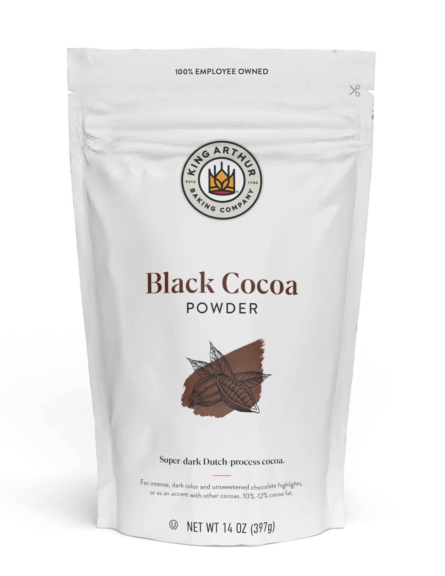 King Arthur Black Cocoa powder in a resealable bag for rich, unsweetened chocolate flavor in cakes
