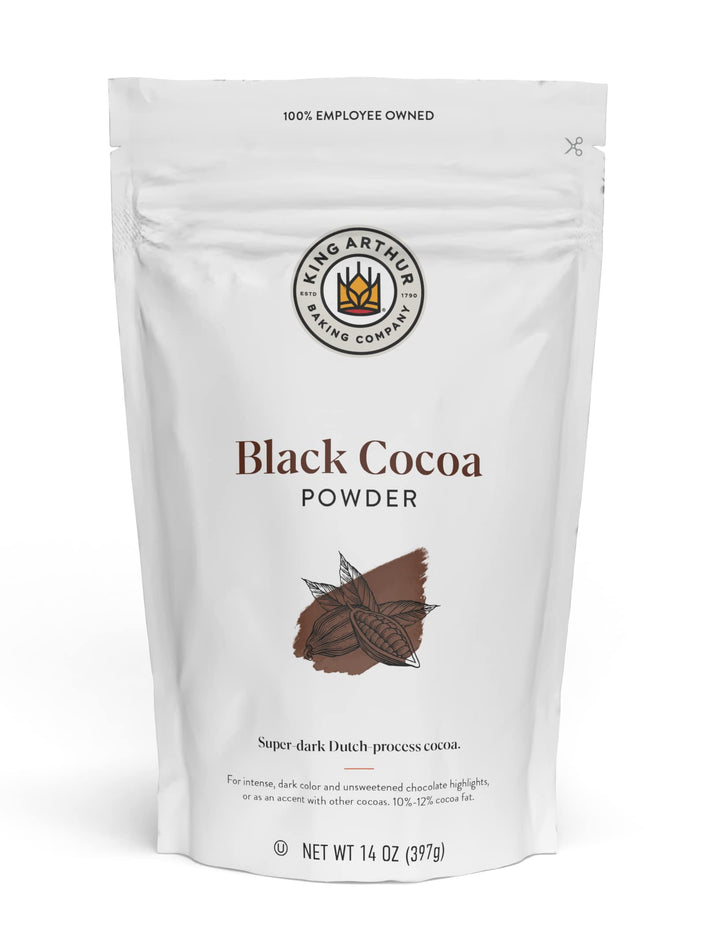 King Arthur Black Cocoa powder in a resealable bag for rich, unsweetened chocolate flavor in cakes