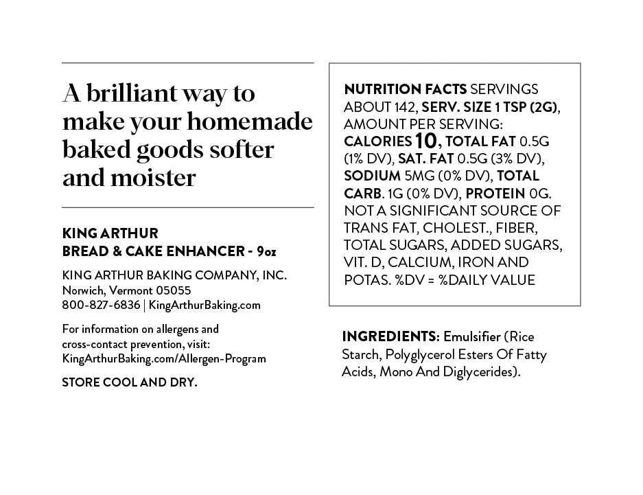 King Arthur Cake Enhancer label closeup highlighting packaging and texture stabilization