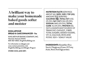 King Arthur Cake Enhancer label closeup highlighting packaging and texture stabilization