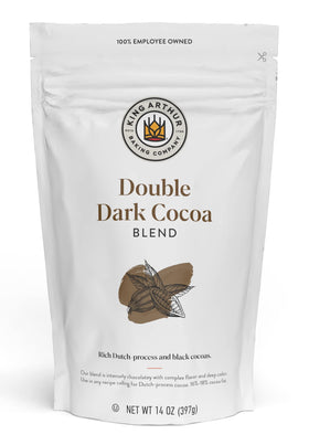 King Arthur Double Dark Cocoa Powder bag front, premium baking cocoa for rich brownies.
