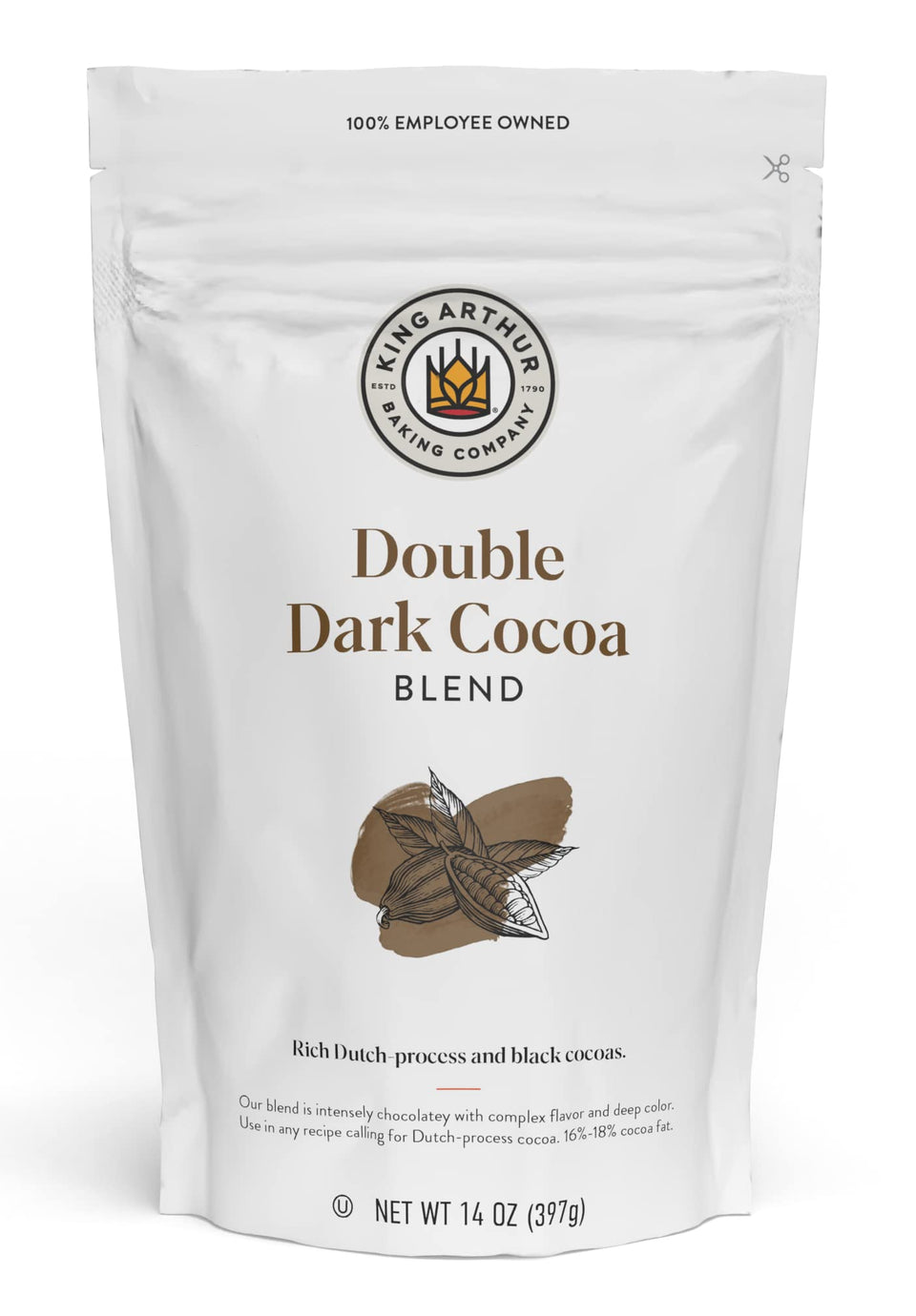 King Arthur Double Dark Cocoa Powder bag front, premium baking cocoa for rich brownies.