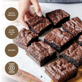 King Arthur Double Dark Cocoa Powder brownies on a plate, deep color and aroma shown.