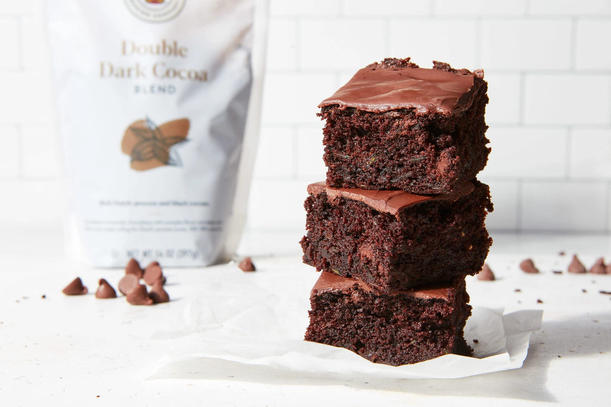 King Arthur Double Dark Cocoa Powder packaging, resealable pouch for convenient baking sessions.