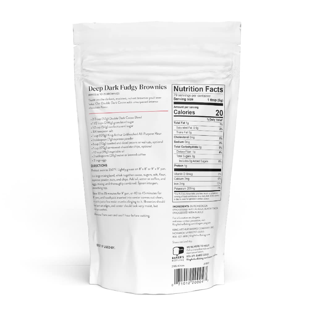 King Arthur Double Dark Cocoa Powder pour, ideal for intense chocolate in cakes and cookies.