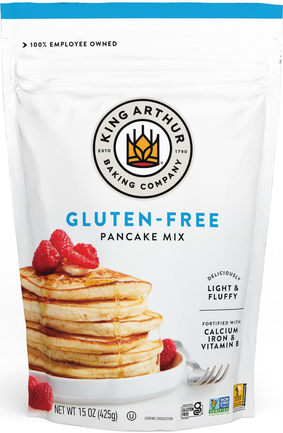 King Arthur gluten-free pancake mix box front, a gluten-free breakfast option.