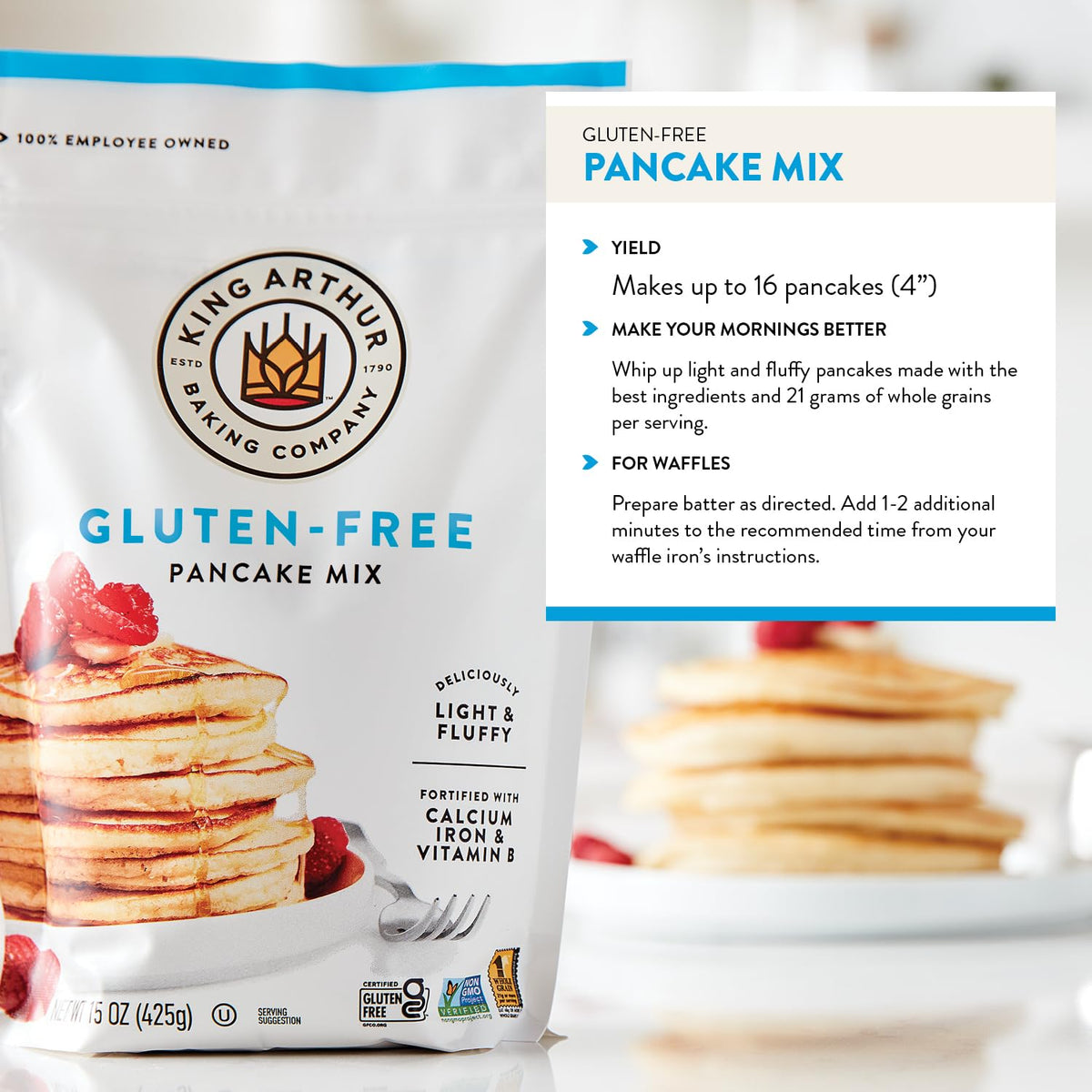 King Arthur pancakes made from mix on plate, fluffy gluten-free breakfast.