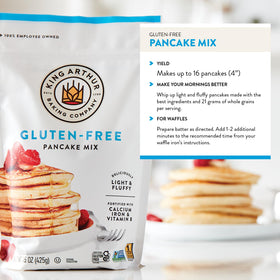 King Arthur pancakes made from mix on plate, fluffy gluten-free breakfast.