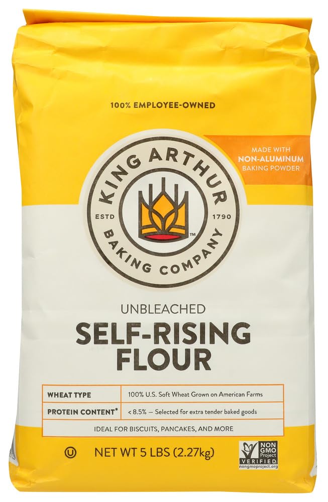 King Arthur Self Rising Flour 5lb bag on the counter for quick, reliable baking prep.