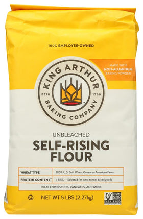 King Arthur Self Rising Flour 5lb bag on the counter for quick, reliable baking prep.