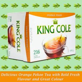 King Cole orange pekoe tea bags closeup shows premium leaves and crisp flavor