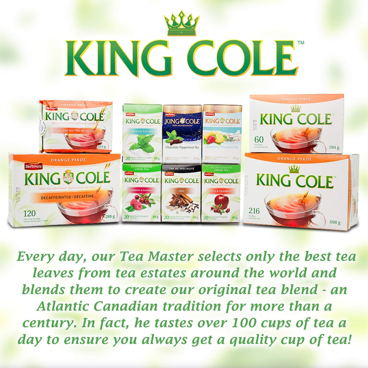 King Cole tea bags for morning brew in a hot mug