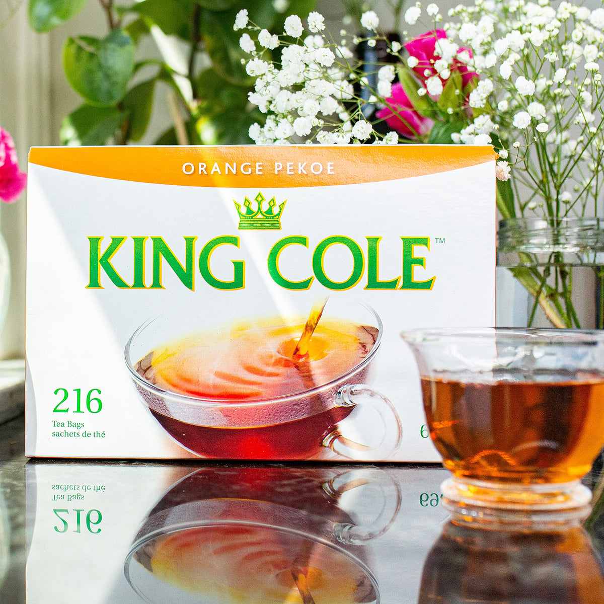King Cole orange pekoe tea box on shelf highlights sturdy packaging